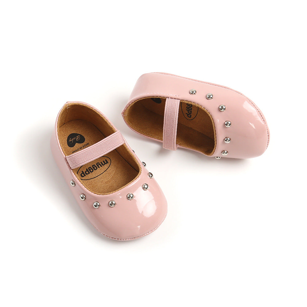 Baby Girl Patent PU Leather Magic Tape Rivets Shoes Anti-slip Flats - Little Kooma