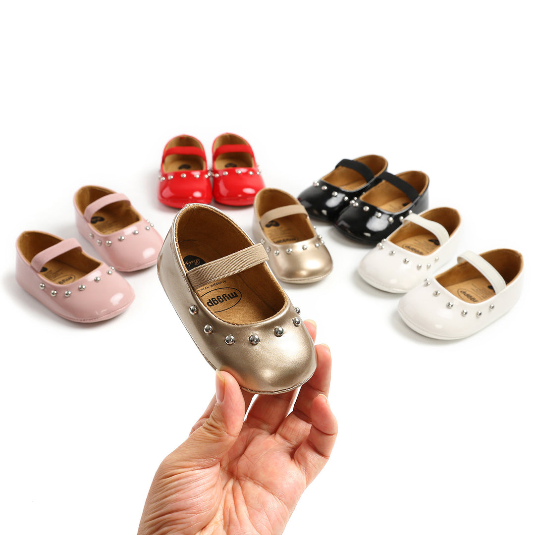 Baby Girl Patent PU Leather Magic Tape Rivets Shoes Anti-slip Flats - Little Kooma