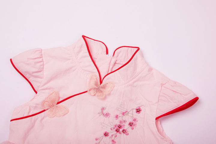 Baby Kids Girl Pink 3D Butterflies Cheongsam Dress w Embroidered Plum Flowers n Pink Shining Voile Dress - Little Kooma