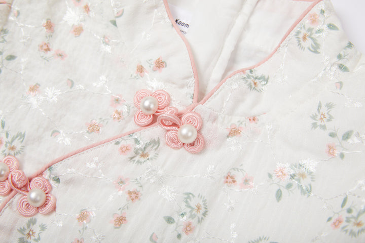 Baby Kids Girl Ivory Floral Cheongsam Dress w Embroidered Branches Green Leaves n Pink Flowers Prints - Little Kooma