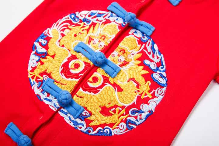 Baby Red Cheongsam Romper Blue Auspicious Clouds Gold Dragon - Little Kooma