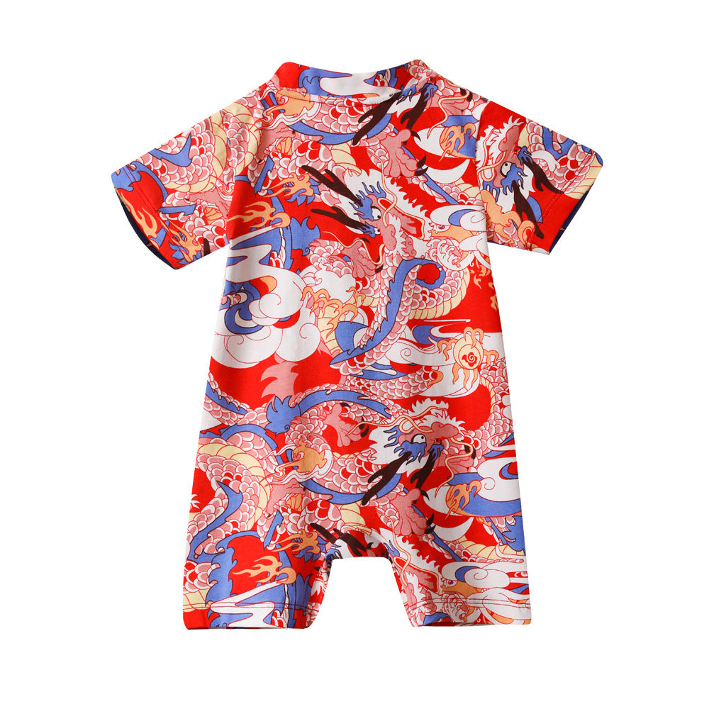 Baby Boy Blue n Red Cheongsam Romper w Dragon Prints - Little Kooma