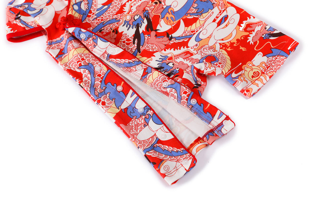 Baby Girl Blue n Red Cheongsam Romper w Dragon Prints - Little Kooma