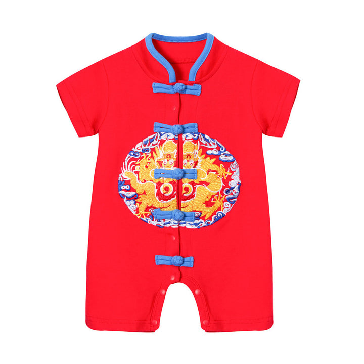 Baby Red Cheongsam Romper Blue Auspicious Clouds Gold Dragon - Little Kooma