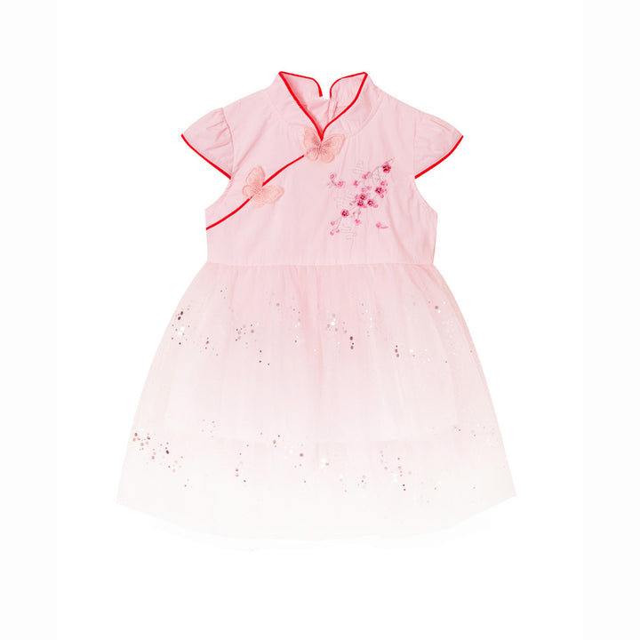 Baby Kids Girl Pink 3D Butterflies Cheongsam Dress w Embroidered Plum Flowers n Pink Shining Voile Dress - Little Kooma