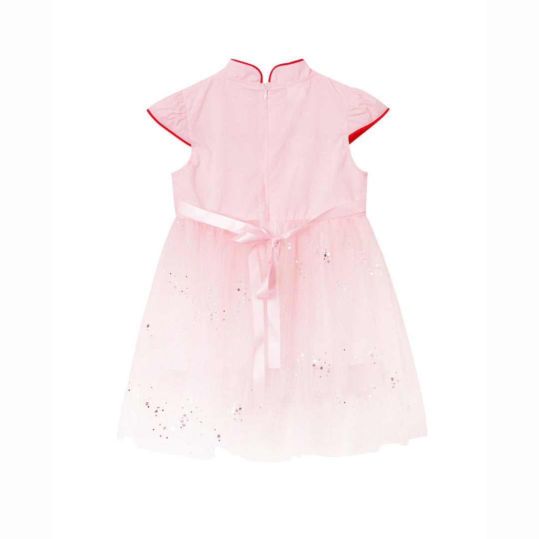 Baby Kids Girl Pink 3D Butterflies Cheongsam Dress w Embroidered Plum Flowers n Pink Shining Voile Dress - Little Kooma