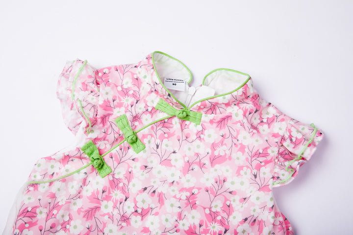 Baby Kids Girl Voile Cover Pink Cheongsam Dress w White Flowers - Little Kooma