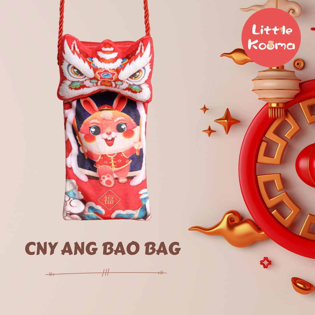 Baby Kids CNY Chinese New Year Rabbit Year Ang Bao Red Velvet Envelope Sling Bag Dancing Lion - Little Kooma