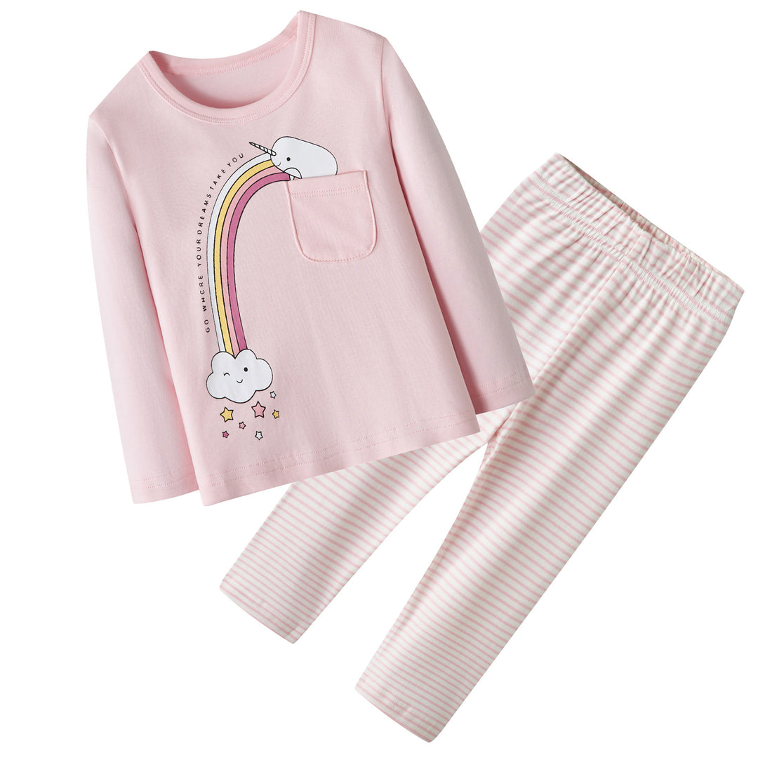 Baby Kids Pajamas Rainbow Unicorn Printed Top w Pink Stripe Pants Set - Little Kooma