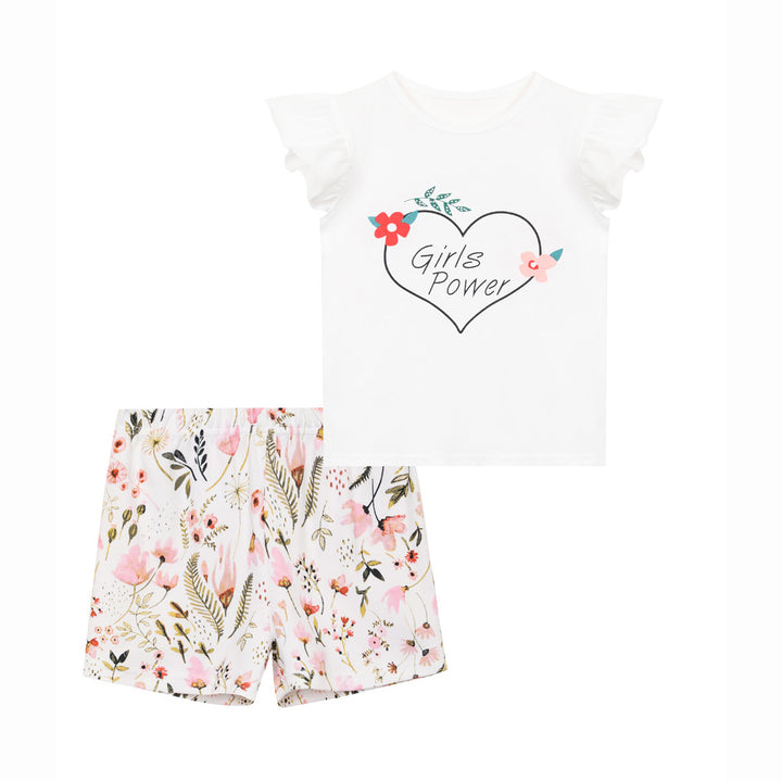 Baby Girl Ruffled Pink White Printed Top n Floral Shorts Set Girls Power - Little Kooma