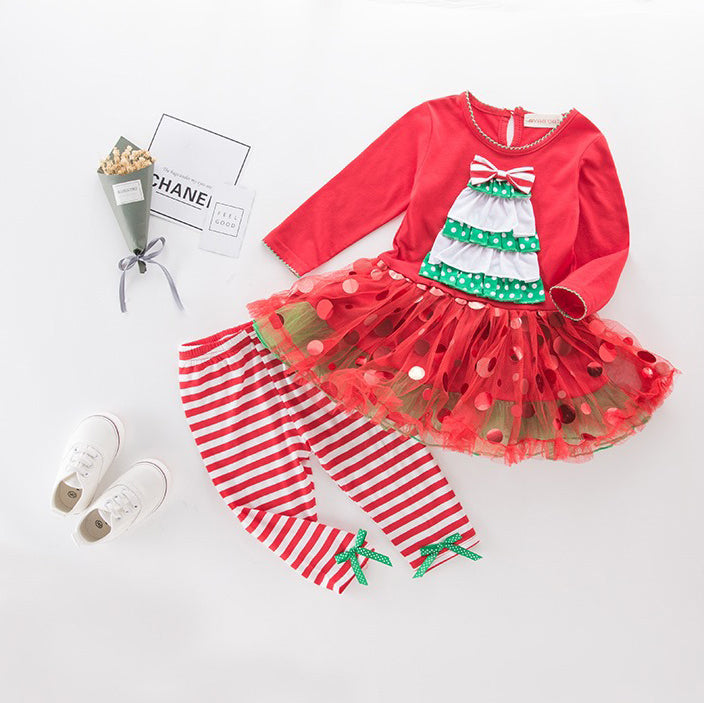 Girl's Christmas Outfit Long Sleeve Christmas Tree Voile Sequin Dress n Pants Two Piece Set - 1125 - Little Kooma