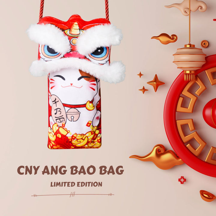 Baby Kids CNY Chinese New Year Ang Bao Red Velvet Envelope Sling Bag Fortune Cat w Dancing Lion - Little Kooma