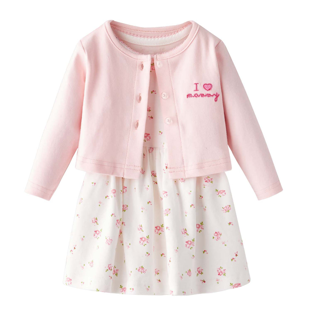 [ZBG04] Baby Girl White w Pink Rose Bodysuit Dress n Pink Cardigan w I Love Mummy 2 Pc Set - Little Kooma