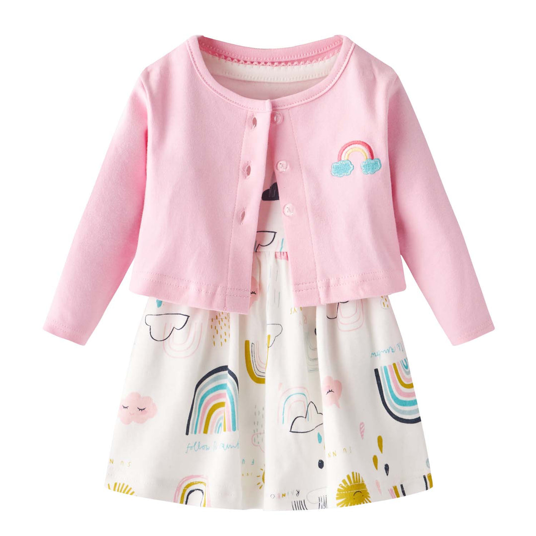 [ZBG03] Baby Girl White w Clouds Sun Rainbow Bodysuit Dress n Pink Cardigan 2 Pc Set - Little Kooma