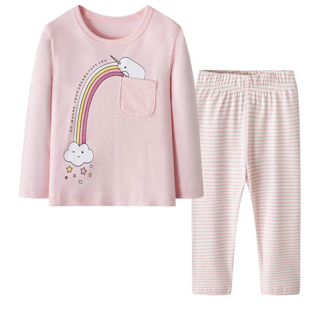 Baby Kids Pajamas Rainbow Unicorn Printed Top w Pink Stripe Pants Set - Little Kooma