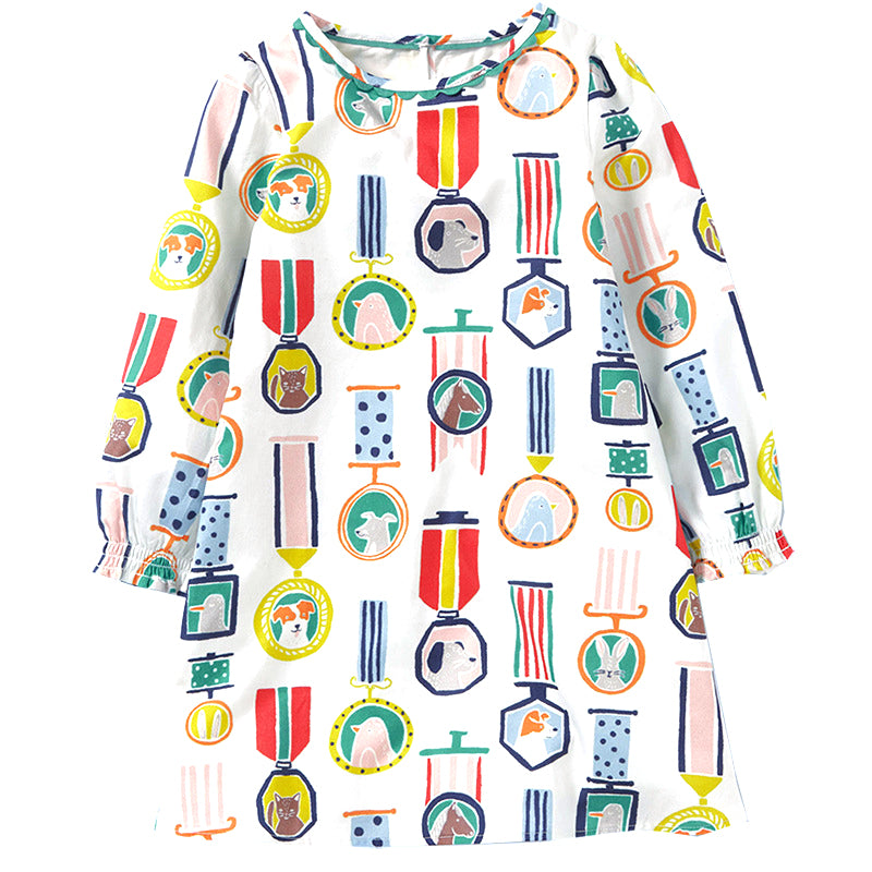 Kids Baby Girl's White Long Sleeve Dress Medal Prints - 1021 - Little Kooma