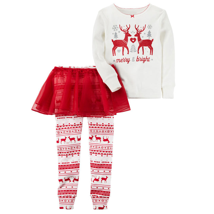 Girl's Christmas Outfit Long Sleeve White Top w Elks Merry & Bright n Voile Skirt Pants - 1125 - Little Kooma