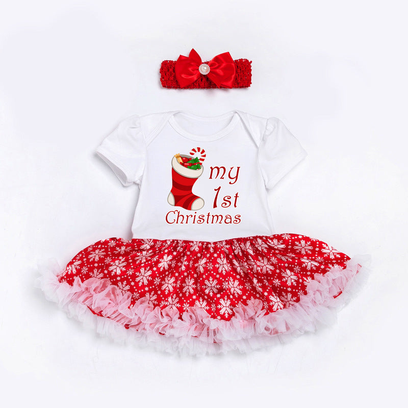 Baby Girl White Dots Christmas Romper Dress w Headwrap - Little Kooma