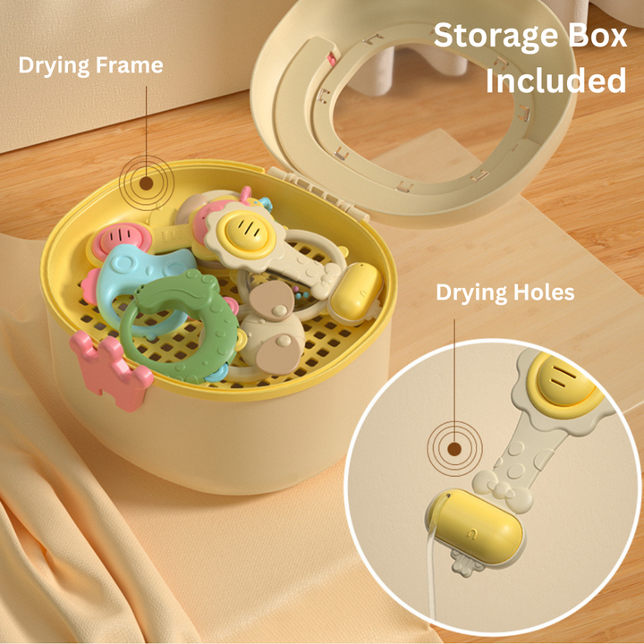 Baby Teether Set 12 Pieces Food Grade Silicone Teether Set With Portal Storage Box & Drying Frame - Little Kooma