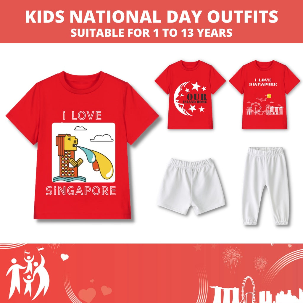 Baby Kids Red T-shirt I Love Singapore Merlion National Day Top Outfit - Little Kooma