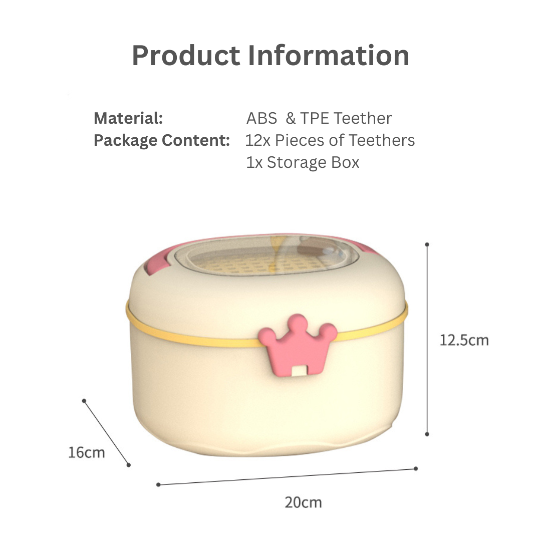 Baby Teether Set 12 Pieces Food Grade Silicone Teether Set With Portal Storage Box & Drying Frame - Little Kooma