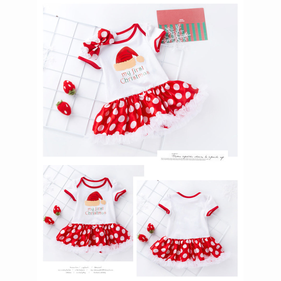 Baby Girl White Dots Christmas Romper Dress w Headwrap - Little Kooma