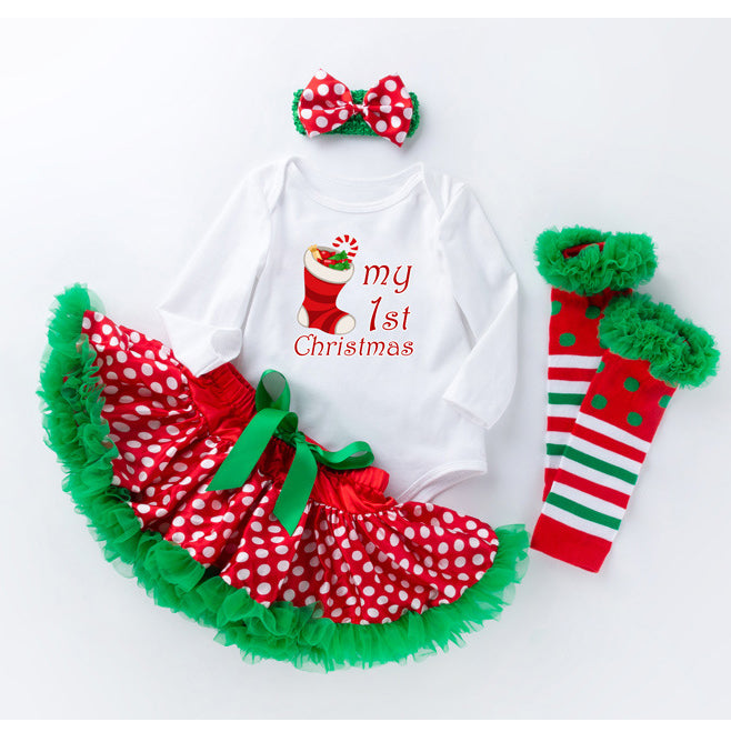 Baby Girl Christmas Outfit My First Christmas White Long Sleeve Bodysuit n Voile Skirt n Socks n Headwrap 4 Piece Set - 1124 - Little Kooma