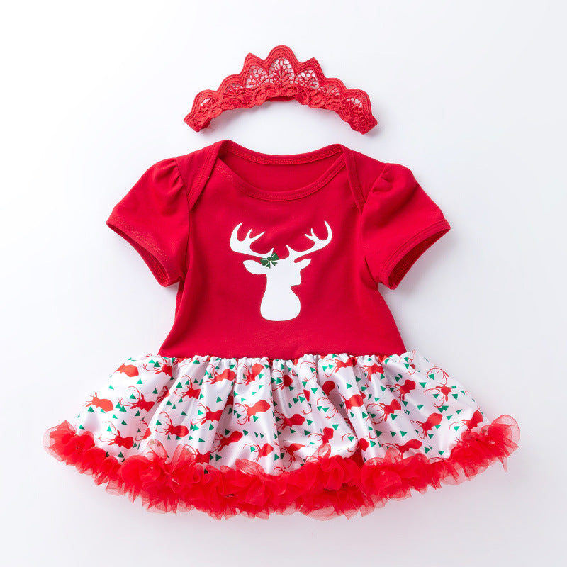 Baby Girl Christmas Outfit Elk Bodysuit Dress n Headwrap 2 Piece Set - 1124 - Little Kooma