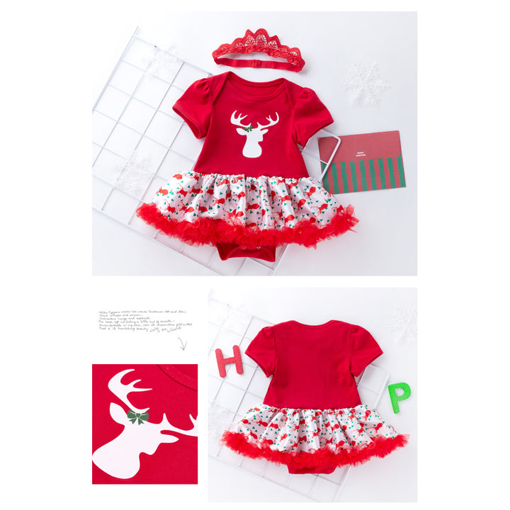 Baby Girl Christmas Outfit Elk Bodysuit Dress n Headwrap 2 Piece Set - 1124 - Little Kooma