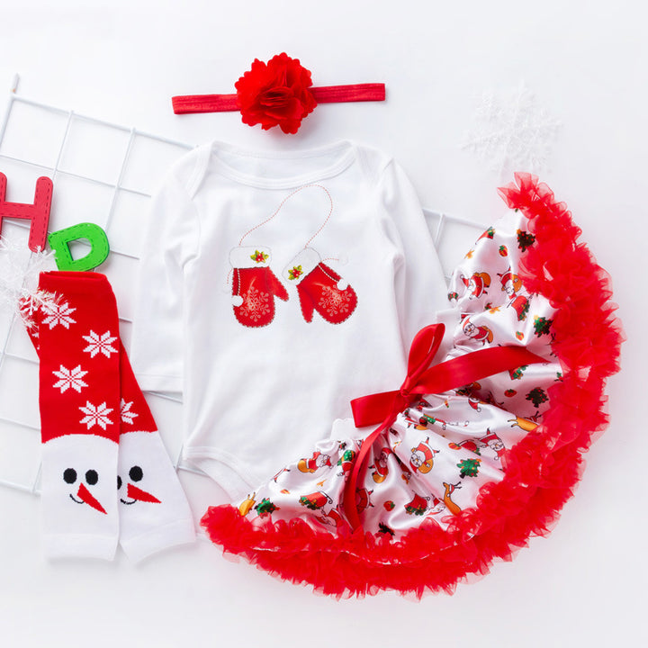 Baby Girl Christmas Outfit White Long Sleeve Bodysuit n Red Voile Skirt n Socks n Headwrap 4 Piece Set - 1124 - Little Kooma