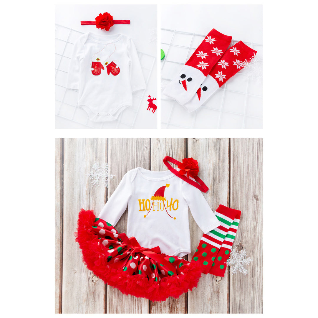 Baby Girl Christmas Outfit White Long Sleeve Bodysuit n Red Voile Skirt n Socks n Headwrap 4 Piece Set - 1124 - Little Kooma