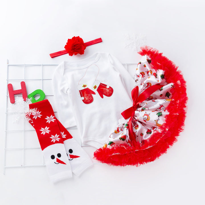 Baby Girl Christmas Outfit White Long Sleeve Bodysuit n Red Voile Skirt n Socks n Headwrap 4 Piece Set - 1124 - Little Kooma