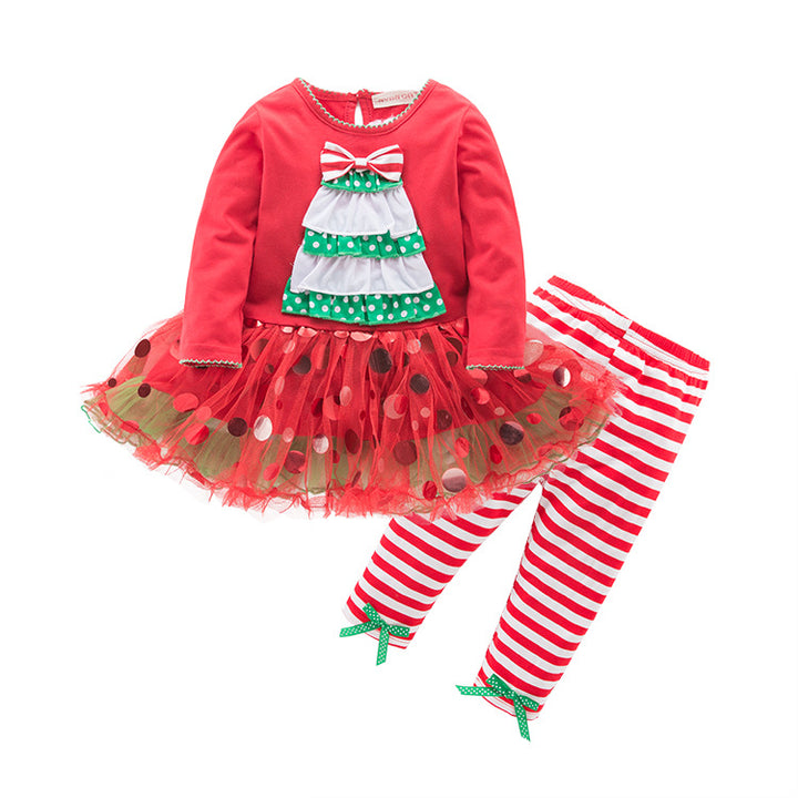 Girl's Christmas Outfit Long Sleeve Christmas Tree Voile Sequin Dress n Pants Two Piece Set - 1125 - Little Kooma