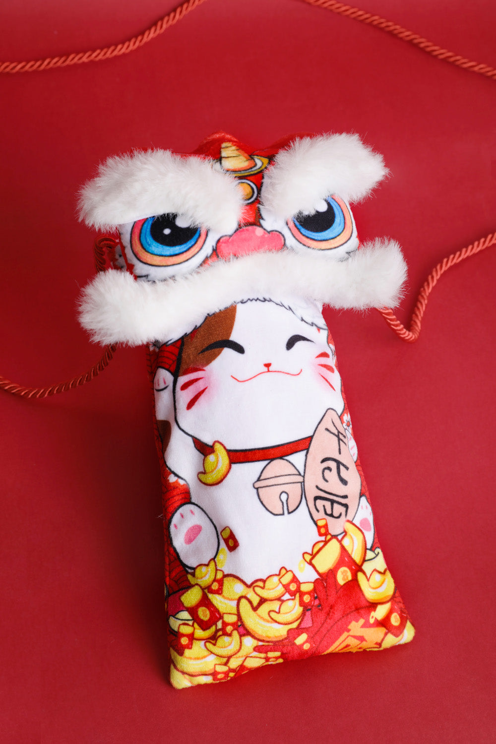 Baby Kids CNY Chinese New Year Ang Bao Red Velvet Envelope Sling Bag Fortune Cat w Dancing Lion - Little Kooma