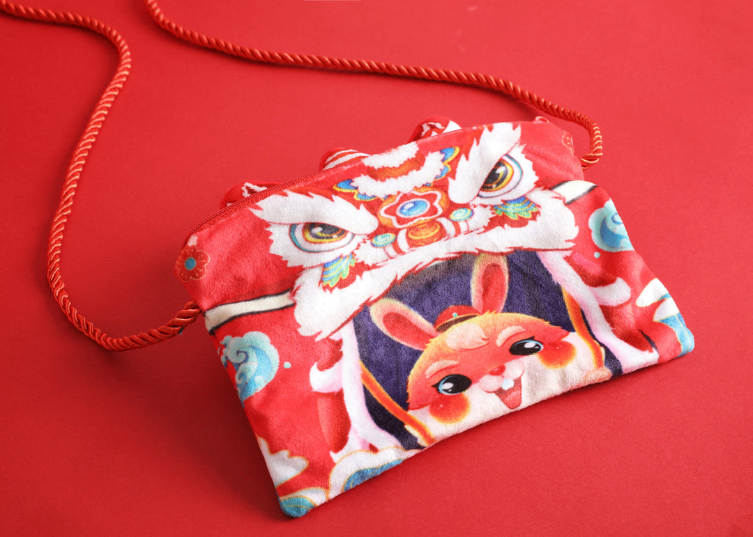 Baby Kids CNY Chinese New Year Rabbit Year Ang Bao Red Velvet Envelope Sling Bag Dancing Lion - Little Kooma