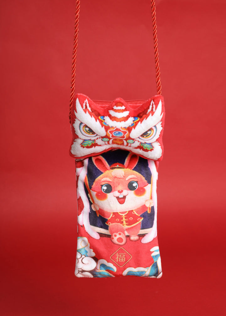 Baby Kids CNY Chinese New Year Rabbit Year Ang Bao Red Velvet Envelope Sling Bag Dancing Lion - Little Kooma