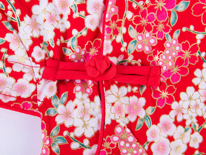 A10 Red Cheongsam Dress w White n Pink Plum Blossoms Flowers - Little Kooma