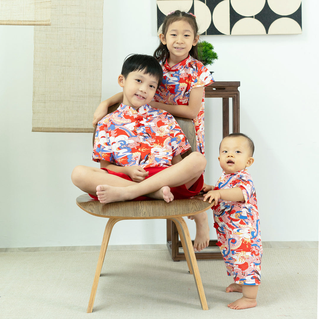 Baby Kids Boys Blue n Red Cheongsam Set Dragon Prints Top n Shorts CNY Chinese New Year Outfit - Little Kooma