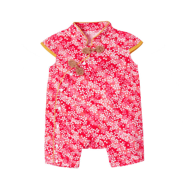 Baby Girl Cheongsam Romper Red n Pink Stripes White Flowers - Little Kooma