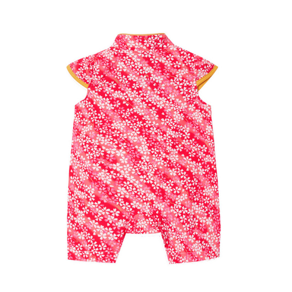 Baby Girl Cheongsam Romper Red n Pink Stripes White Flowers - Little Kooma