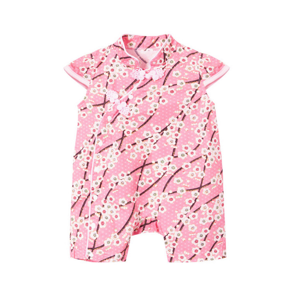 Baby Girl Cheongsam Romper Pink w White Plum Flowers - Little Kooma