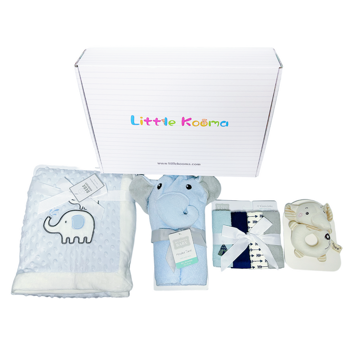 New Born Baby Boy Little Kooma Brand Gift Box Blue Elephant Dotted Blanket Hooded Towel Hand Rattle Set - Little Kooma