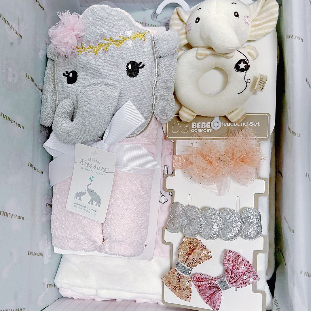 New Born Baby Girl Little Kooma Brand Gift Box Pink Elephant Dotted Blanket Hooded Towel Hand Rattle Set - Little Kooma