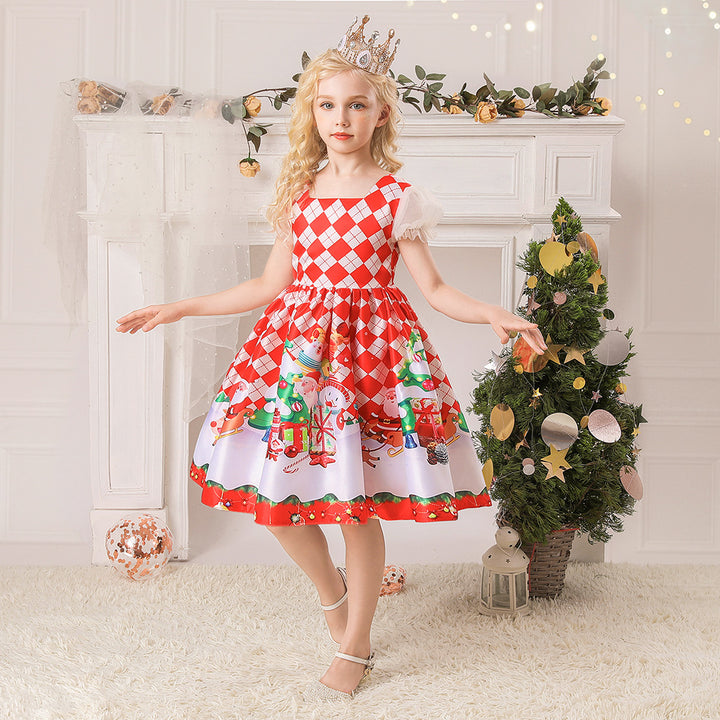 Kids Girls White Puff Sleeves Dress Red Checkers Santa Snowman Santa Sleigh Elk Christmas Outfit w Zip - Little Kooma