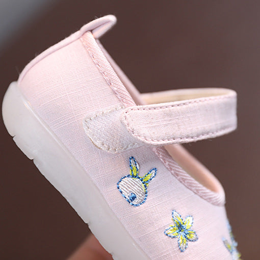 Baby Girl Textile Anti-slip Flats Embroidered Bunnies Cow Shoes Magic Tape BBX - Little Kooma