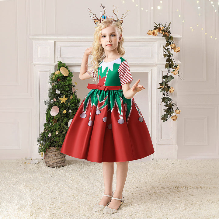 Kids Girls Short Stripe Sleeves Dress Red n Green Big Bowtie Christmas Outfit w Zip - Little Kooma