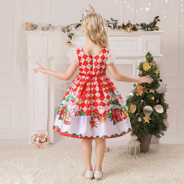 Kids Girls White Puff Sleeves Dress Red Checkers Santa Snowman Santa Sleigh Elk Christmas Outfit w Zip - Little Kooma