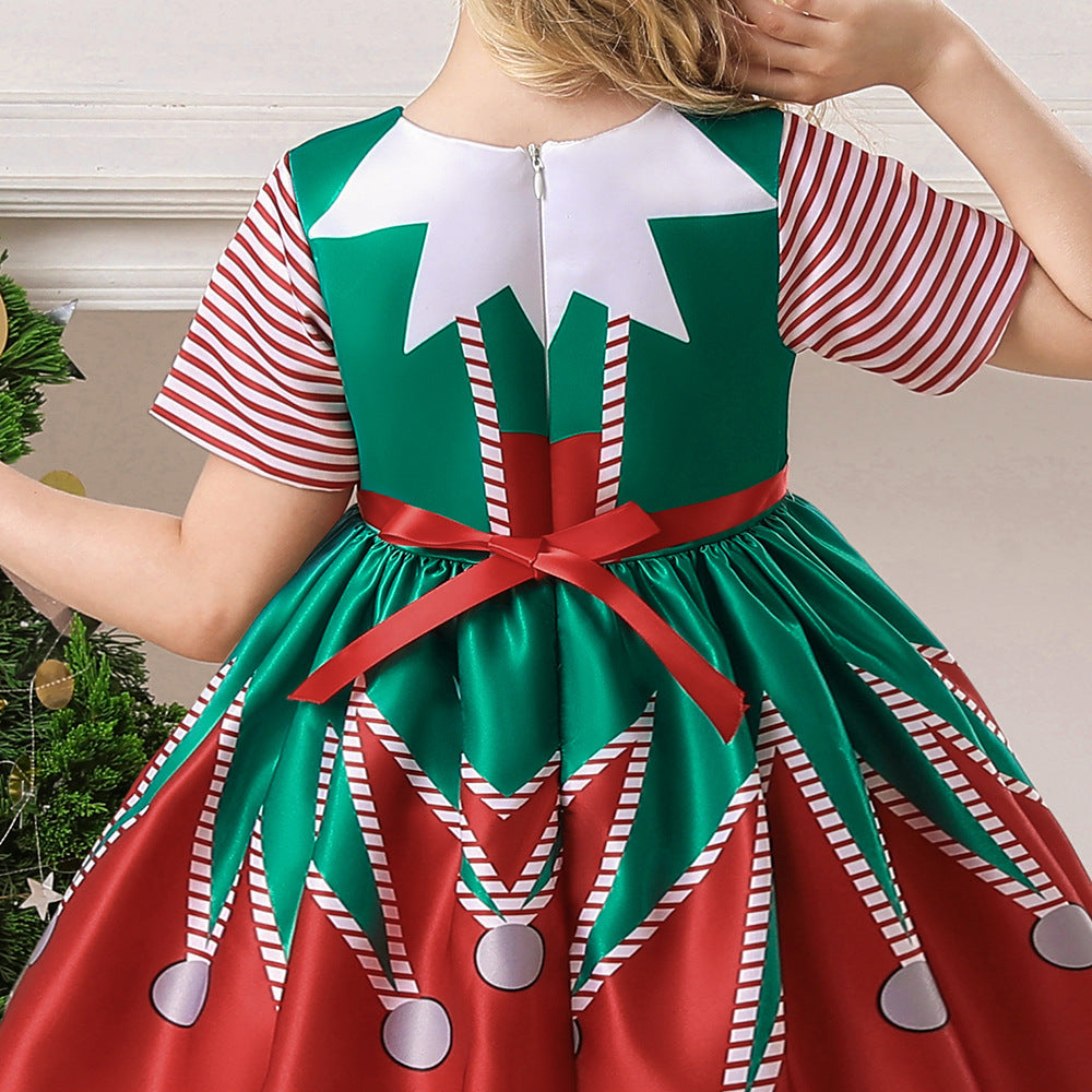 Kids Girls Short Stripe Sleeves Dress Red n Green Big Bowtie Christmas Outfit w Zip - Little Kooma