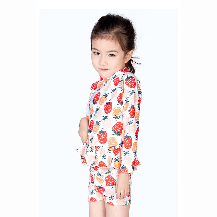 Baby Kids Girl's Strawberry Prints Long Sleeves Two Piece Swimming Suit Top Shorts n Free Cap 907052 - Little Kooma