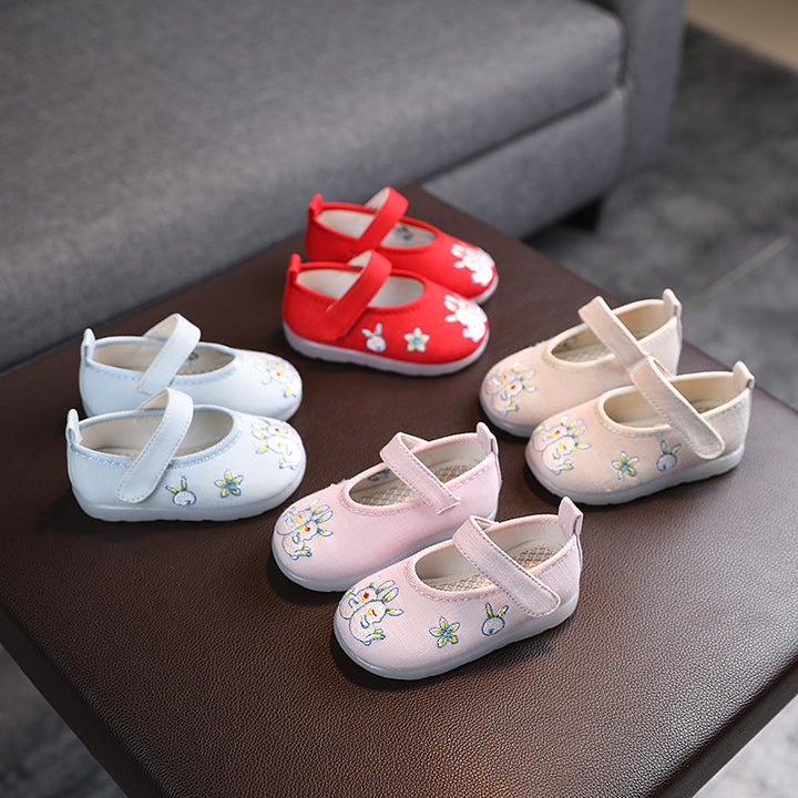 Baby Girl Textile Anti-slip Flats Embroidered Bunnies Cow Shoes Magic Tape BBX - Little Kooma